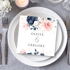 ネイビーブルーと赤面ピンク結婚フローラ スタンダードカクテルナプキン