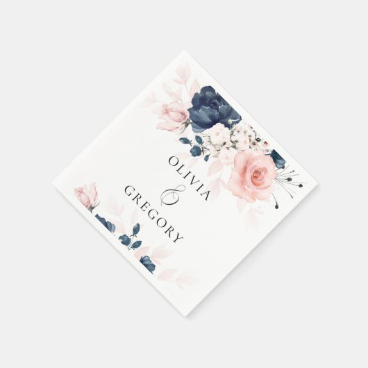 ネイビーブルーと赤面ピンク結婚フローラ スタンダードカクテルナプキン (角)
