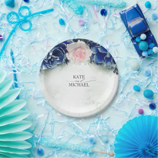 ネイビーブルーと赤面ピンク結婚フローラ ペーパープレート (パーティー)