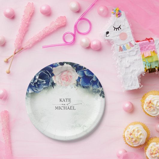 ネイビーブルーと赤面ピンク結婚フローラ ペーパープレート (パーティー)