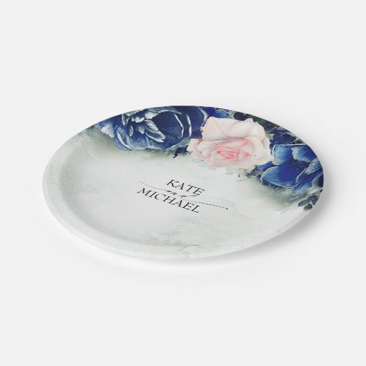 ネイビーブルーと赤面ピンク結婚フローラ ペーパープレート (アングル)