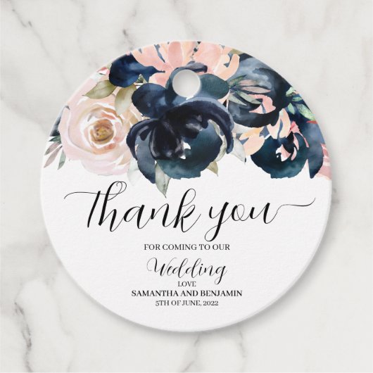 ネイビーブルーと赤面ピンク結婚式の引き出物ラベル。 フェイバータグ (正面)