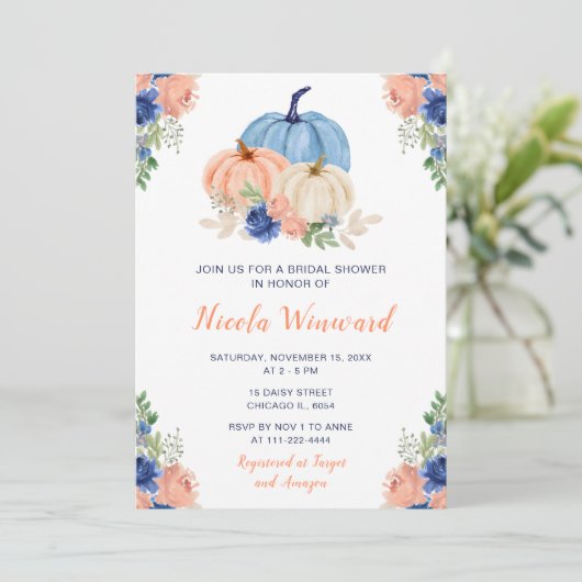 ネイビーブルーと赤面フローラカボチャブライダルシャワー 招待状 (スタンド正面)