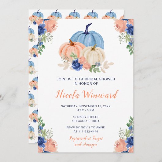 ネイビーブルーと赤面フローラカボチャブライダルシャワー 招待状 (正面/裏面)