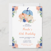 ネイビーブルーと赤面フローラカボチャ誕生日 招待状 (正面)