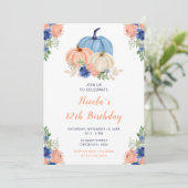 ネイビーブルーと赤面フローラカボチャ誕生日 招待状 (スタンド正面)