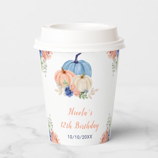 ネイビーブルーと赤面フローラカボチャ誕生日 紙コップ (裏面)