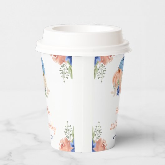 ネイビーブルーと赤面フローラカボチャ誕生日 紙コップ (右)