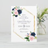 ネイビーブルーと赤面フローラ結婚式招待状 招待状 (スタンド正面)