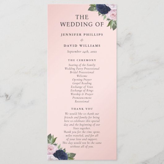 ネイビーブルーと赤面フローラ結婚式 プログラム (正面)