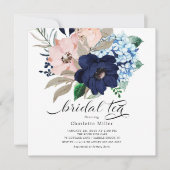 ネイビーブルーと赤面花ブライダルシャワー茶 招待状 (正面)