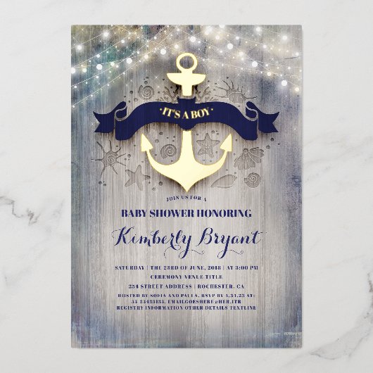 ネイビーブルーと金ゴールドいかり素朴ビーチベビーシャワー 箔招待状 (正面)