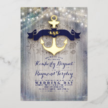 ネイビーブルーと金ゴールドいかり素朴ビーチ結婚式