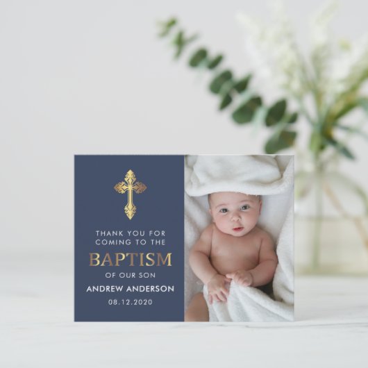 ネイビーブルーと金ゴールドの写真バプテスマありがとう ポストカード (スタンド正面)