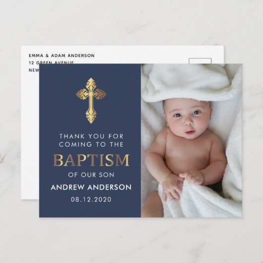 ネイビーブルーと金ゴールドの写真バプテスマありがとう ポストカード (正面/裏面)