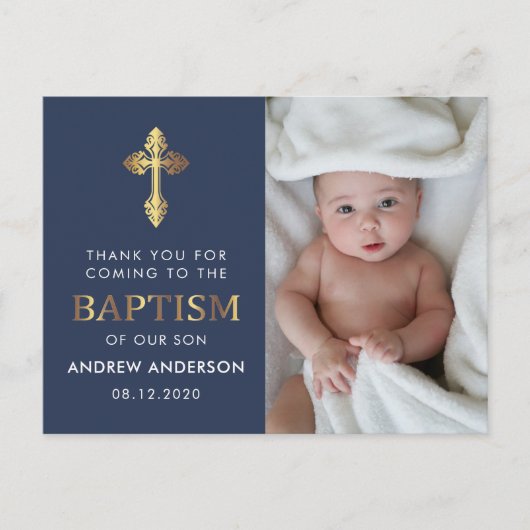 ネイビーブルーと金ゴールドの写真バプテスマありがとう ポストカード (正面)
