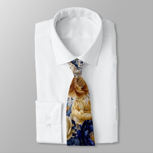 ネイビーブルーと金ゴールドの水彩牡丹結婚の新郎 ネクタイ (タイ)