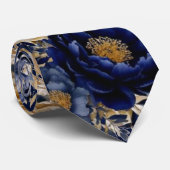 ネイビーブルーと金ゴールドの水彩牡丹結婚の新郎 ネクタイ (ロール)