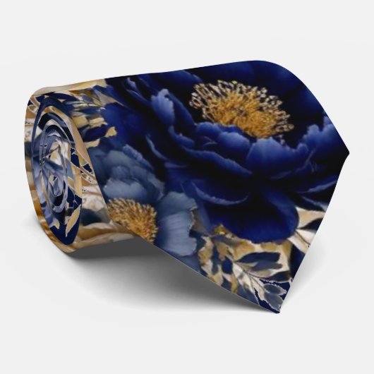 ネイビーブルーと金ゴールドの水彩牡丹結婚の新郎 ネクタイ (ロール)