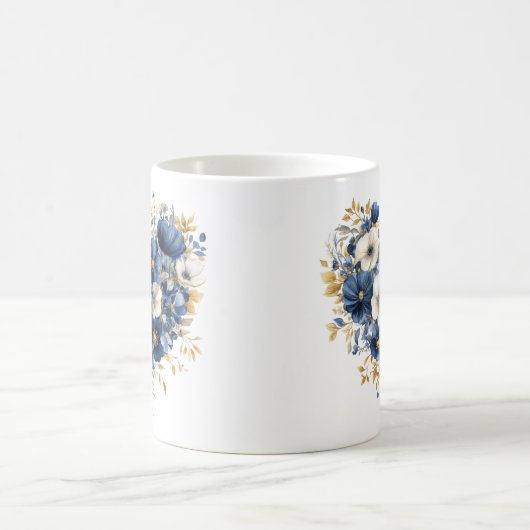 ネイビーブルーと金ゴールドの花のハート形 コーヒーマグカップ (中央)