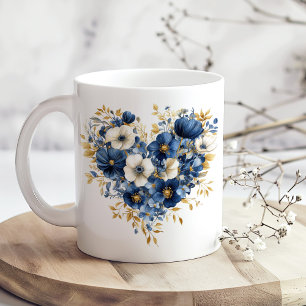 ネイビーブルーと金ゴールドの花のハート形 コーヒーマグカップ