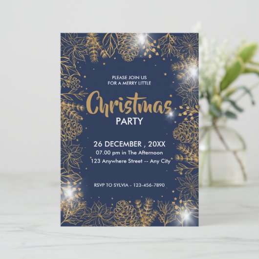 ネイビーブルーと金ゴールドの葉メリークリスマスパーティー 招待状 (スタンド正面)