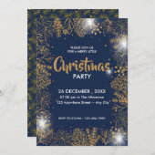 ネイビーブルーと金ゴールドの葉メリークリスマスパーティー 招待状 (正面/裏面)