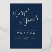 ネイビーブルーと金ゴールドひまわり結婚の花 箔招待状 (裏面)