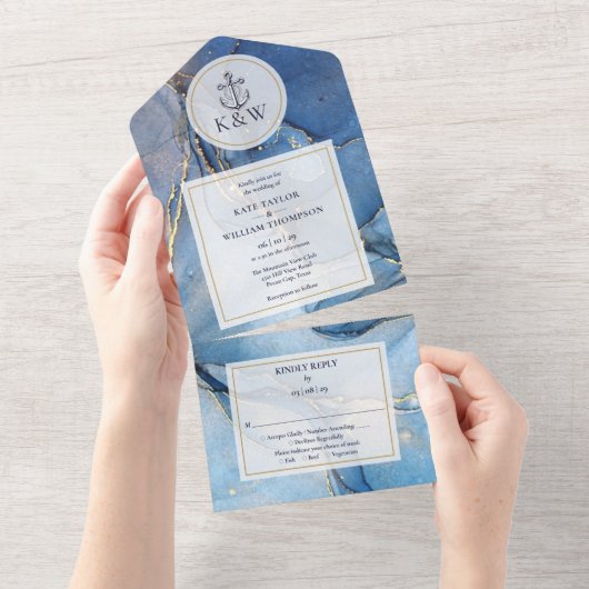 ネイビーブルーと金ゴールドアゲートいかり航海の結婚ズ オールインワン招待状 (貼ってはがせる)
