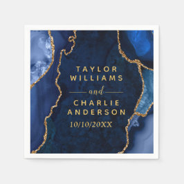ネイビーブルーと金ゴールドアゲートマーブル結婚ズ スタンダードカクテルナプキン