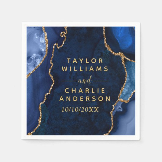 ネイビーブルーと金ゴールドアゲートマーブル結婚ズ スタンダードカクテルナプキン (正面)