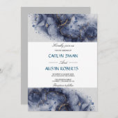 ネイビーブルーと金ゴールドアゲートマーブル 招待状 (正面/裏面)