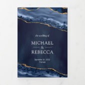 ネイビーブルーと金ゴールドアゲート写真結婚コラージュ 三つ折り招待状 (カバー)