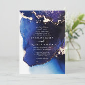 ネイビーブルーと金ゴールドアルコールイ結婚ンク 招待状 (スタンド正面)