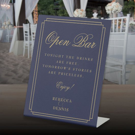 ネイビーブルーと金ゴールドアールデコオープンバー 台座サイン