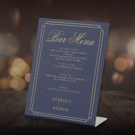 ネイビーブルーと金ゴールドアールデコ結婚のバーメニュー 台座サイン