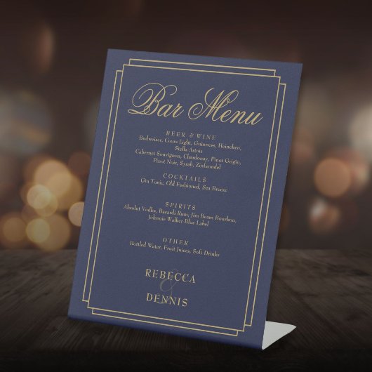 ネイビーブルーと金ゴールドアールデコ結婚のバーメニュー 台座サイン