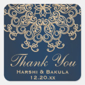 ネイビーブルーと金ゴールドインディアン結婚スタイルサンキュー スクエアシール (正面)