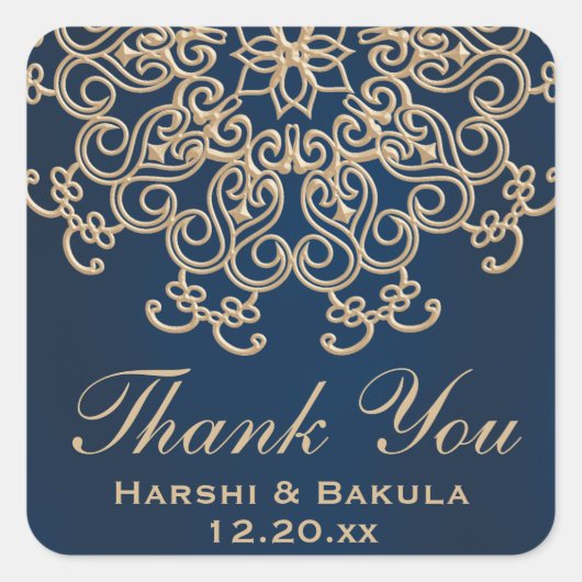 ネイビーブルーと金ゴールドインディアン結婚スタイルサンキュー スクエアシール (正面)