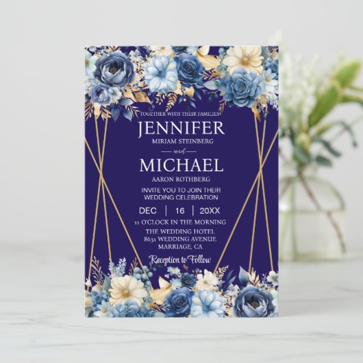 ネイビーブルーと金ゴールドウィンターウェディング招待状 招待状 (スタンド正面)