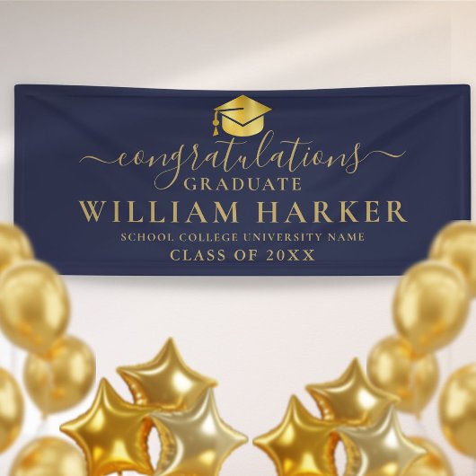 ネイビーブルーと金ゴールドエレガントスクリプト卒業 横断幕