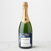 ネイビーブルーと金ゴールドエレガントフローラモダン結婚の スパークリングワインラベル (正面)