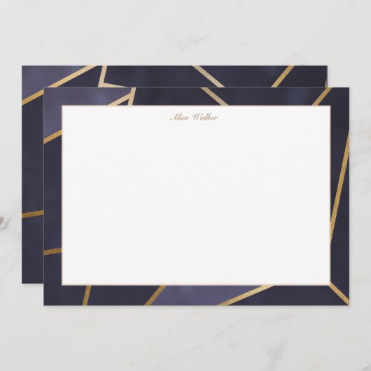 ネイビーブルーと金ゴールドエレガント幾何学モノグラム ノートカード (正面/裏面)