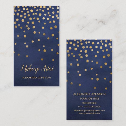 ネイビーブルーと金ゴールドエレガント紙吹雪メイクアップアーティスト 名刺 (正面/裏面)