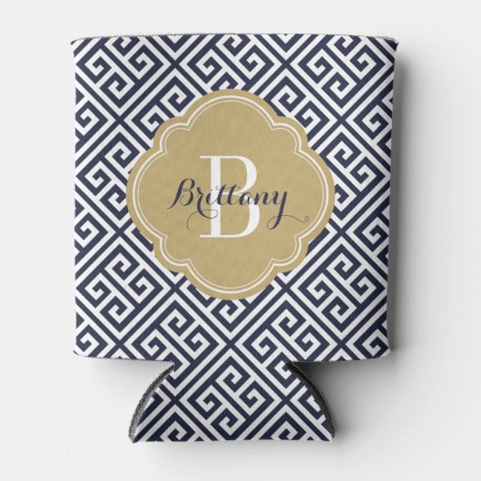 ネイビーブルーと金ゴールドギリシャ鍵モノグラム 缶クーラー (正面)