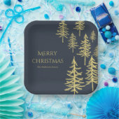 ネイビーブルーと金ゴールドクリスマスツリー ペーパープレート (パーティー)