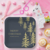 ネイビーブルーと金ゴールドクリスマスツリー ペーパープレート (パーティー)