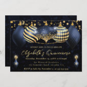 ネイビーブルーと金ゴールドクリスマスバウブルキンセアニェラ 招待状 (正面/裏面)