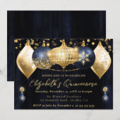 ネイビーブルーと金ゴールドクリスマスバウブルキンセアニェラ 招待状 (正面/裏面)