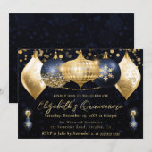 ネイビーブルーと金ゴールドクリスマスバウブルキンセアニェラ 招待状 (正面/裏面)